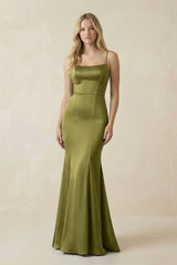 Cami Strap Ruffled Satin Bridesmaid Dress With Bow in Moss Green - KissProm Bridesmaid Dresses