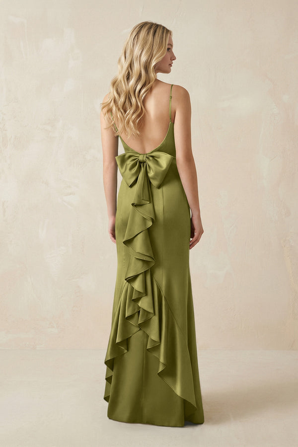 Cami Strap Ruffled Satin Bridesmaid Dress With Bow in Moss Green - KissProm Bridesmaid Dresses