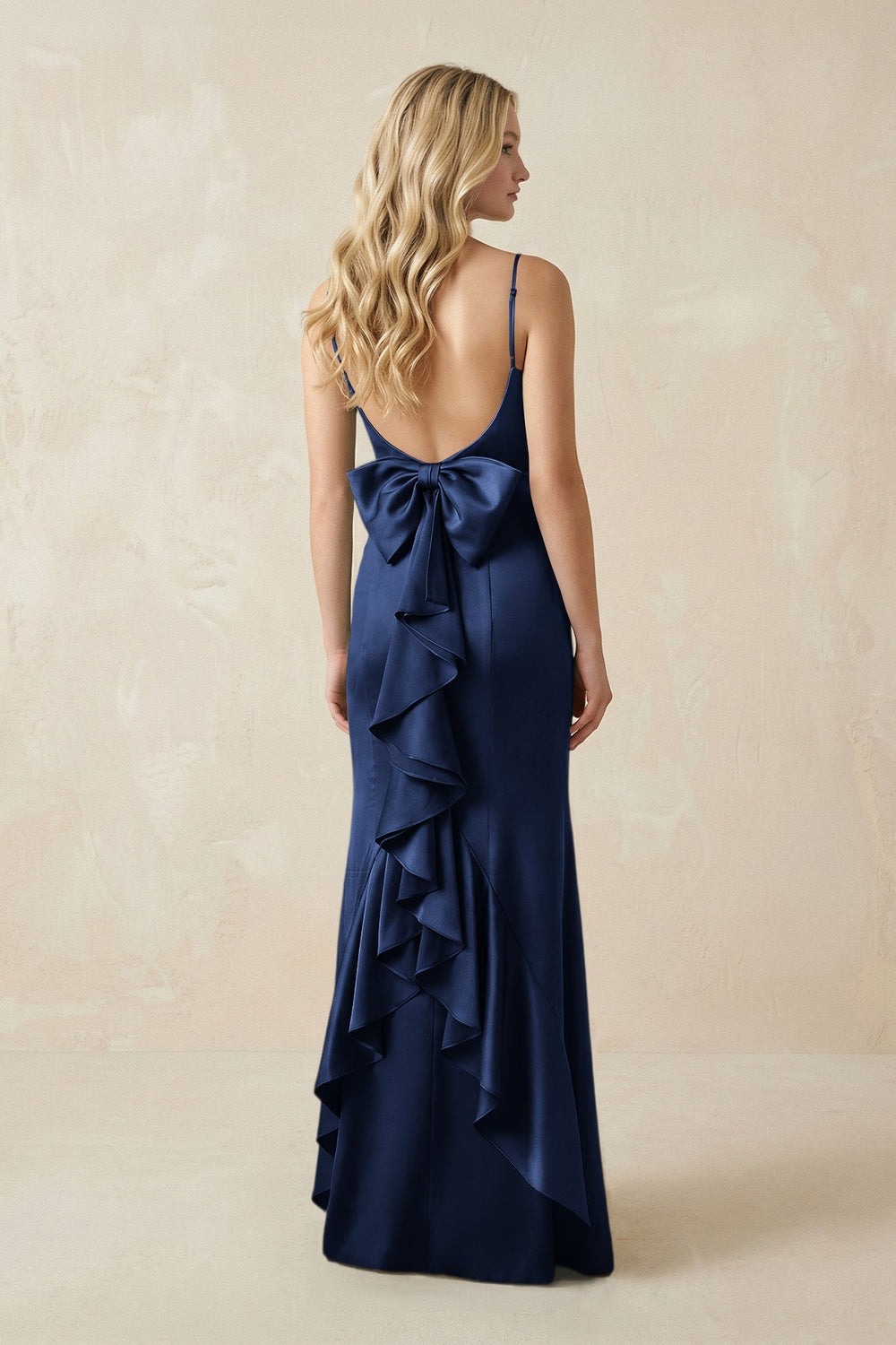 Cami Strap Ruffled Satin Bridesmaid Dress With Bow in Navy - KissProm Bridesmaid Dresses
