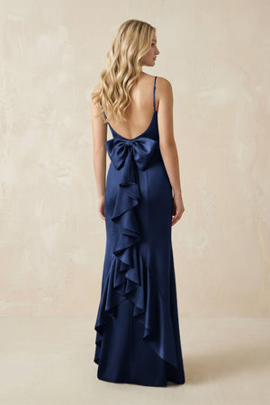 Cami Strap Ruffled Satin Bridesmaid Dress With Bow in Navy - KissProm Bridesmaid Dresses