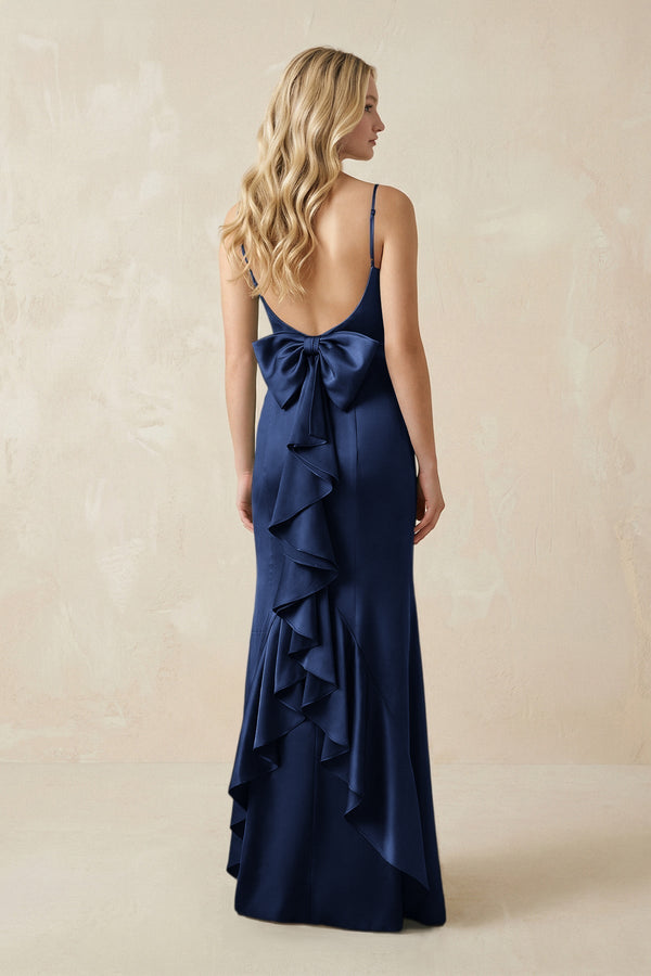 Cami Strap Ruffled Satin Bridesmaid Dress With Bow in Navy - KissProm Bridesmaid Dresses