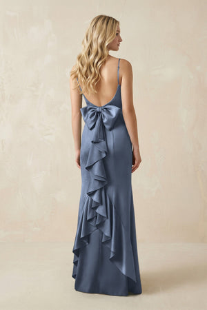 Cami Strap Ruffled Satin Bridesmaid Dress With Bow in Neptune - KissProm Bridesmaid Dresses