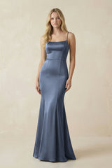 Cami Strap Ruffled Satin Bridesmaid Dress With Bow in Neptune - KissProm Bridesmaid Dresses
