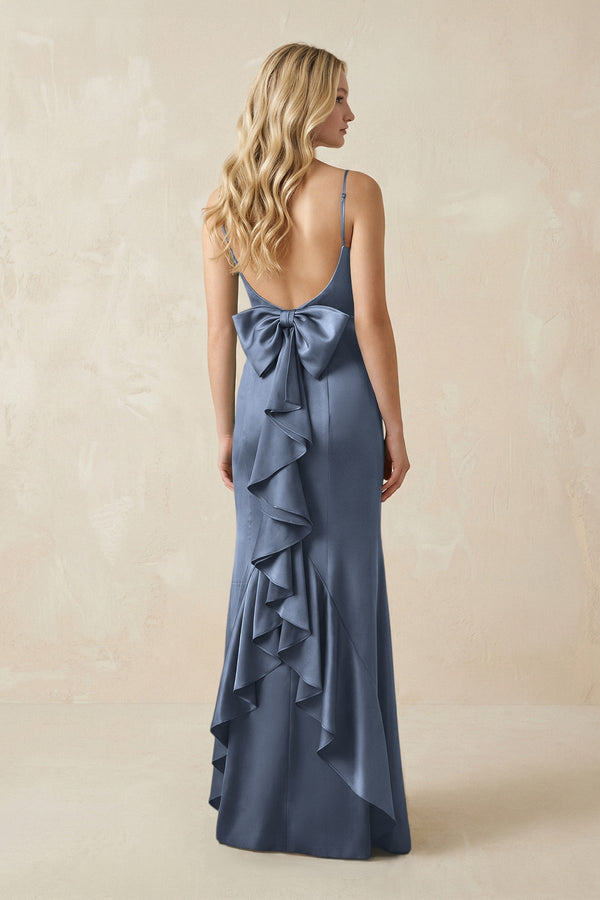 Cami Strap Ruffled Satin Bridesmaid Dress With Bow in Neptune - KissProm Bridesmaid Dresses