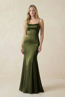 Cami Strap Ruffled Satin Bridesmaid Dress With Bow in Olive - KissProm Bridesmaid Dresses