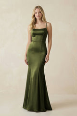 Cami Strap Ruffled Satin Bridesmaid Dress With Bow in Olive - KissProm Bridesmaid Dresses