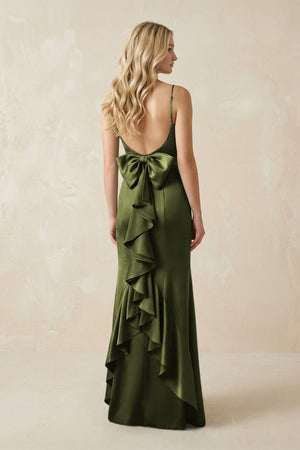 Cami Strap Ruffled Satin Bridesmaid Dress With Bow in Olive - KissProm Bridesmaid Dresses