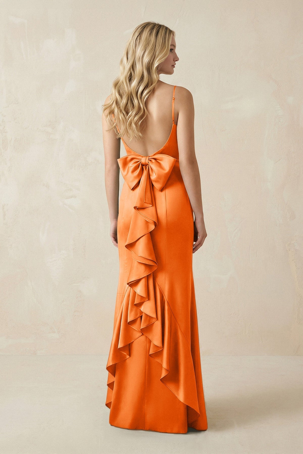 Cami Strap Ruffled Satin Bridesmaid Dress With Bow in Orange - KissProm Bridesmaid Dresses