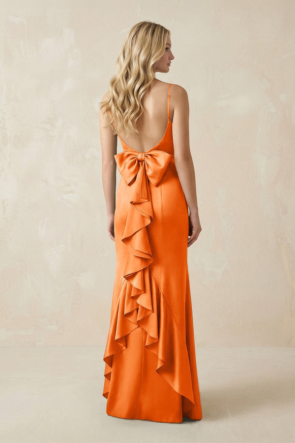 Cami Strap Ruffled Satin Bridesmaid Dress With Bow in Orange - KissProm Bridesmaid Dresses