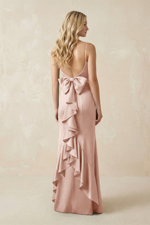 Cami Strap Ruffled Satin Bridesmaid Dress With Bow in Pale Blush - KissProm Bridesmaid Dresses