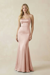 Cami Strap Ruffled Satin Bridesmaid Dress With Bow in Pale Blush - KissProm Bridesmaid Dresses