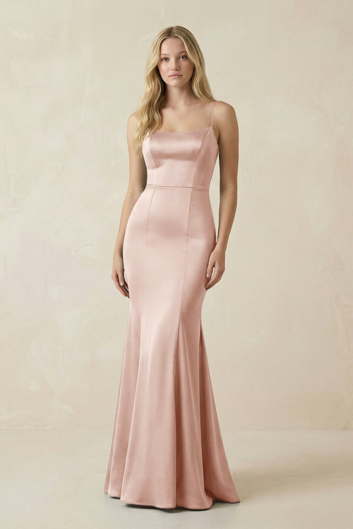 Cami Strap Ruffled Satin Bridesmaid Dress With Bow in Pale Blush - KissProm Bridesmaid Dresses