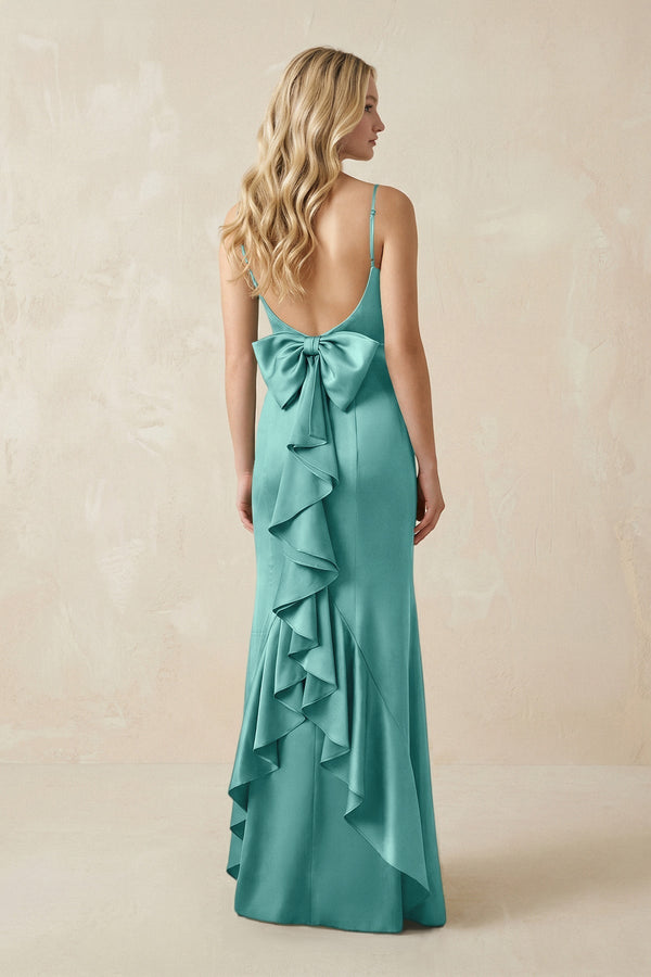 Cami Strap Ruffled Satin Bridesmaid Dress With Bow in Pale Pistachio - KissProm Bridesmaid Dresses