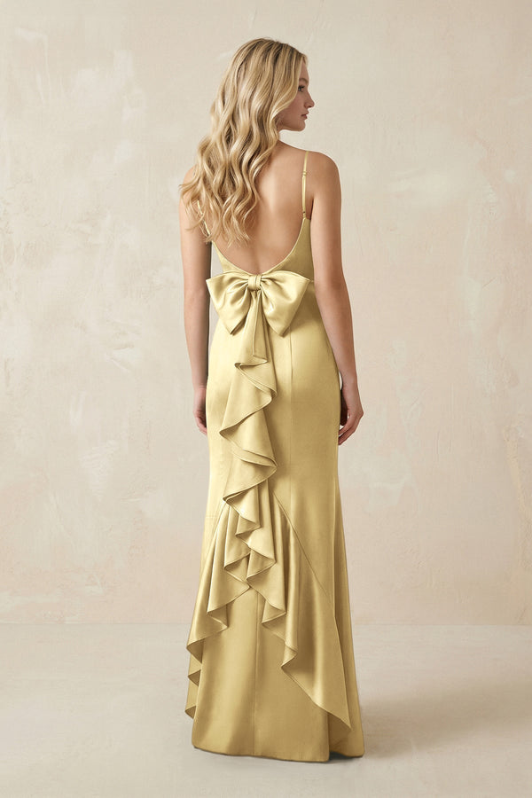 Cami Strap Ruffled Satin Bridesmaid Dress With Bow in Pastel Yellow - KissProm Bridesmaid Dresses