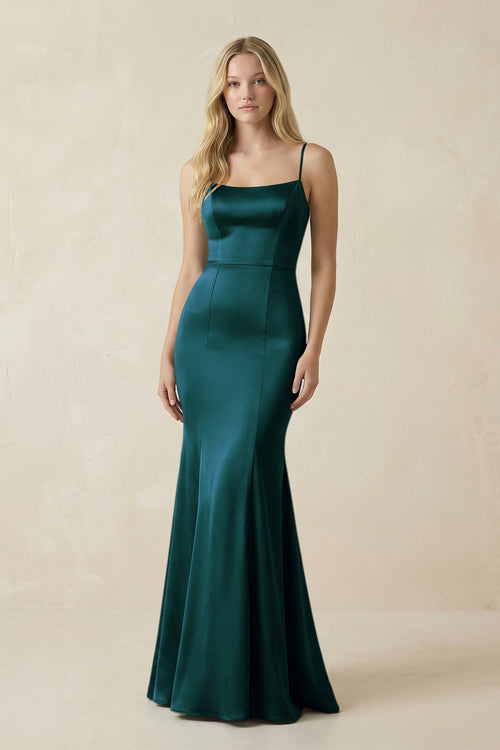 Cami Strap Ruffled Satin Bridesmaid Dress With Bow in Pine - KissProm Bridesmaid Dresses