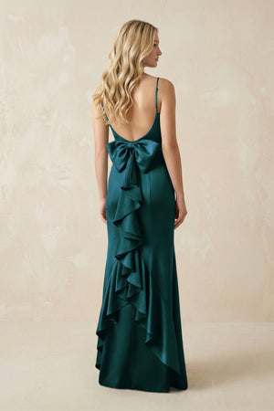 Cami Strap Ruffled Satin Bridesmaid Dress With Bow in Pine - KissProm Bridesmaid Dresses