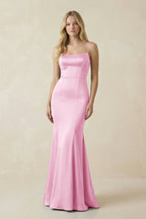Cami Strap Ruffled Satin Bridesmaid Dress With Bow in Pink - KissProm Bridesmaid Dresses