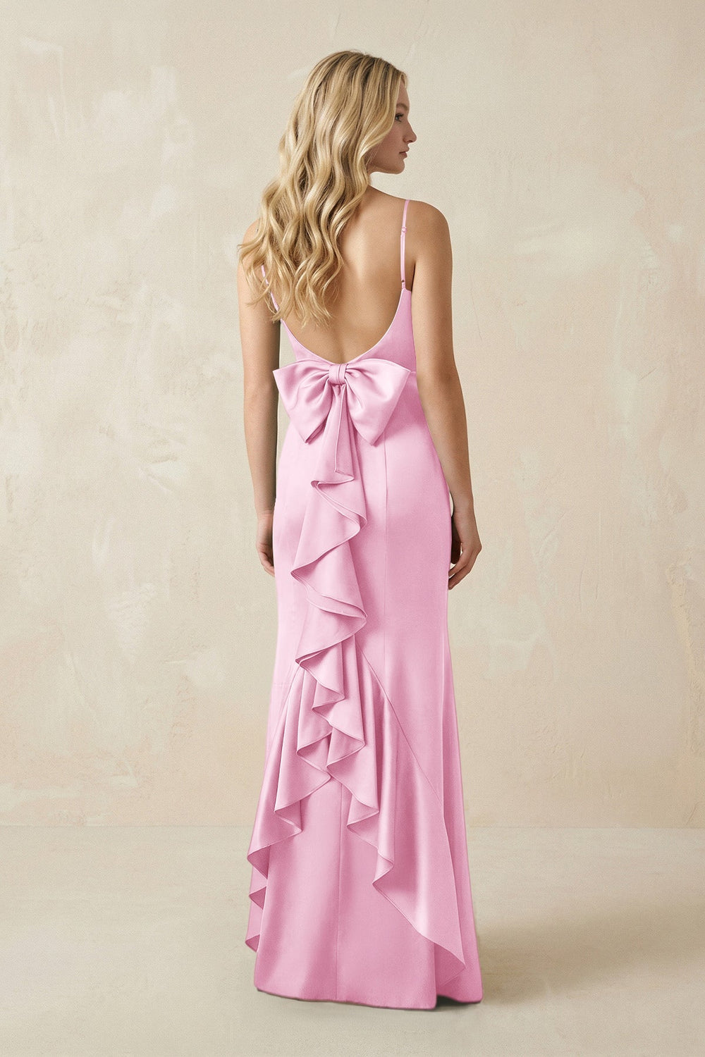 Cami Strap Ruffled Satin Bridesmaid Dress With Bow in Pink - KissProm Bridesmaid Dresses