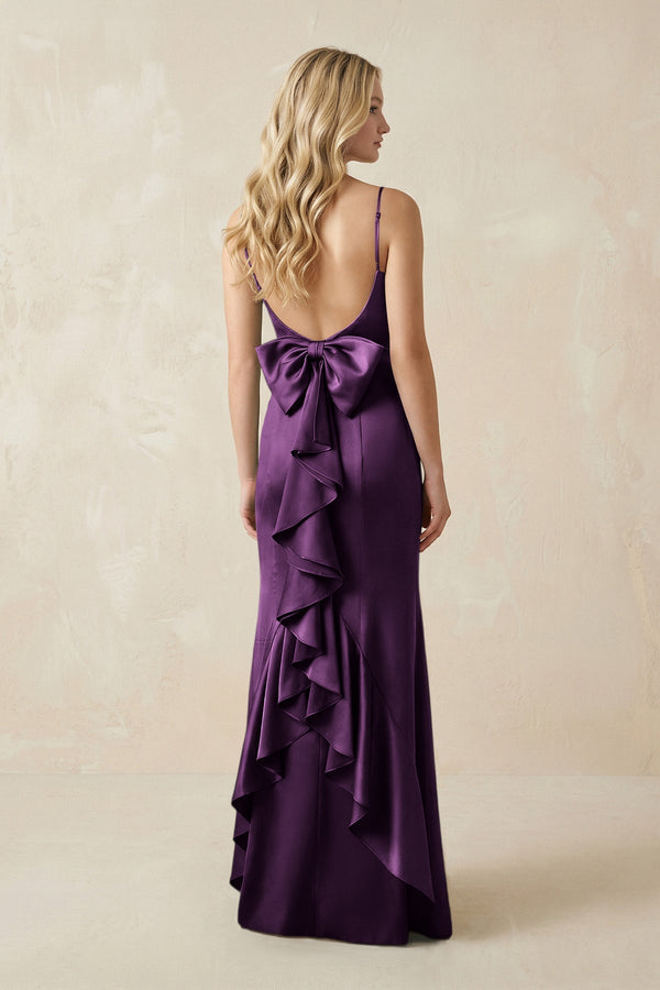 Cami Strap Ruffled Satin Bridesmaid Dress With Bow in Plum - KissProm Bridesmaid Dresses