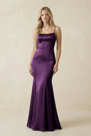 Cami Strap Ruffled Satin Bridesmaid Dress With Bow in Plum - KissProm Bridesmaid Dresses
