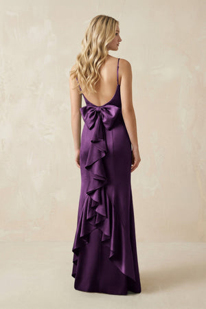 Cami Strap Ruffled Satin Bridesmaid Dress With Bow in Plum - KissProm Bridesmaid Dresses
