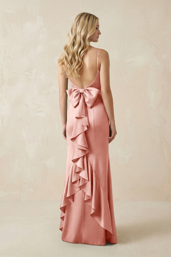Cami Strap Ruffled Satin Bridesmaid Dress With Bow in Rose Petal - KissProm Bridesmaid Dresses