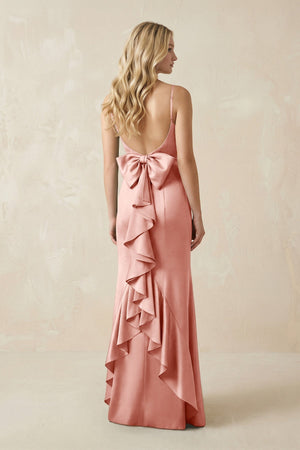Cami Strap Ruffled Satin Bridesmaid Dress With Bow in Rose Petal - KissProm Bridesmaid Dresses