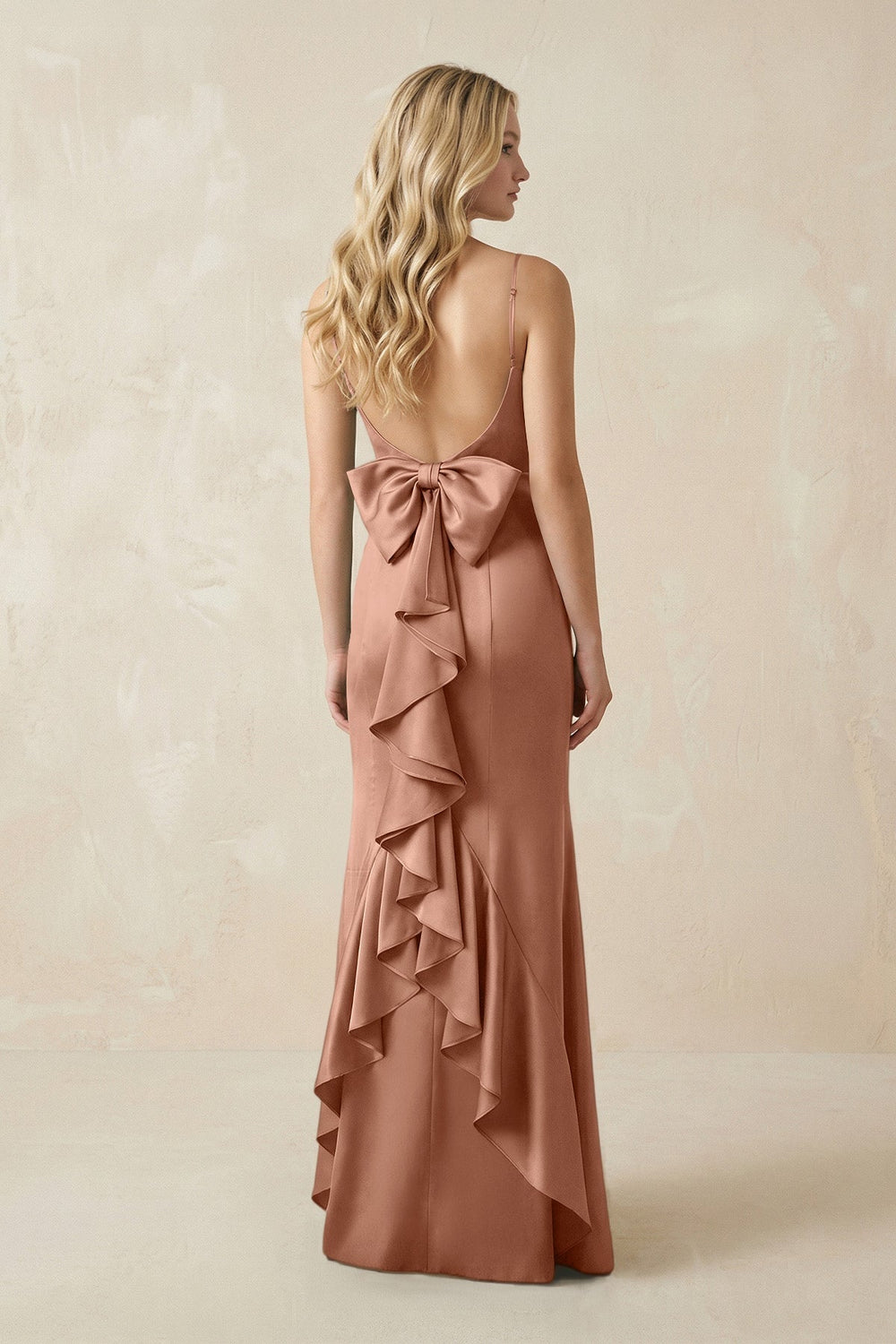 Cami Strap Ruffled Satin Bridesmaid Dress With Bow in Rosette - KissProm Bridesmaid Dresses