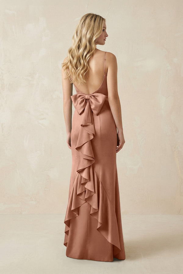 Cami Strap Ruffled Satin Bridesmaid Dress With Bow in Rosette - KissProm Bridesmaid Dresses