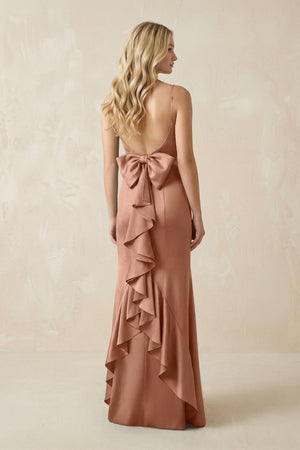 Cami Strap Ruffled Satin Bridesmaid Dress With Bow in Rosette - KissProm Bridesmaid Dresses