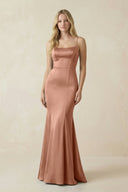 Cami Strap Ruffled Satin Bridesmaid Dress With Bow in Rosette - KissProm Bridesmaid Dresses
