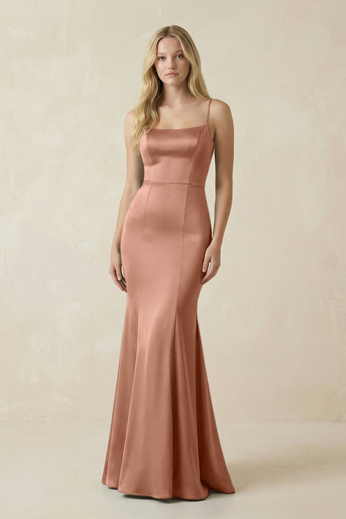 Cami Strap Ruffled Satin Bridesmaid Dress With Bow in Rosette - KissProm Bridesmaid Dresses