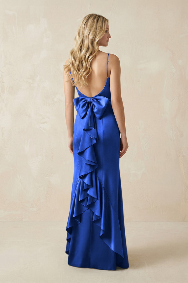 Cami Strap Ruffled Satin Bridesmaid Dress With Bow in Royal Blue - KissProm Bridesmaid Dresses