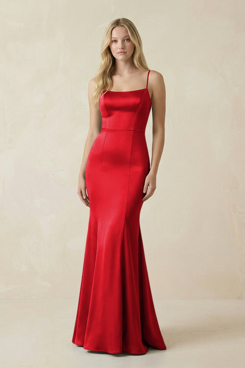 Cami Strap Ruffled Satin Bridesmaid Dress With Bow in Ruby Red - KissProm Bridesmaid Dresses