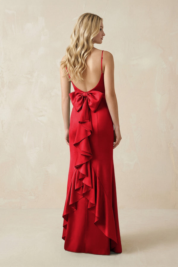 Cami Strap Ruffled Satin Bridesmaid Dress With Bow in Ruby Red - KissProm Bridesmaid Dresses