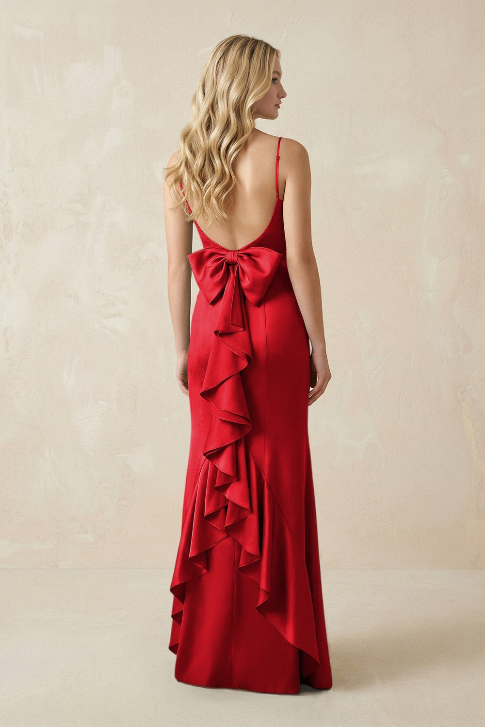 Cami Strap Ruffled Satin Bridesmaid Dress With Bow in Ruby Red - KissProm Bridesmaid Dresses
