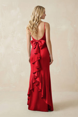 Cami Strap Ruffled Satin Bridesmaid Dress With Bow in Ruby Red - KissProm Bridesmaid Dresses