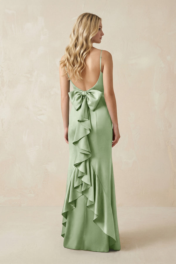Cami Strap Ruffled Satin Bridesmaid Dress With Bow in Sage - KissProm Bridesmaid Dresses