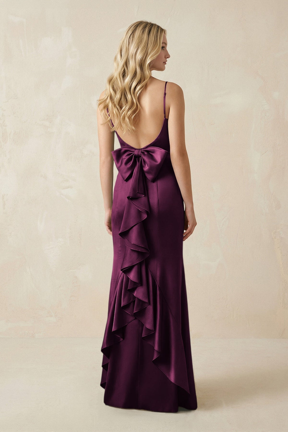 Cami Strap Ruffled Satin Bridesmaid Dress With Bow in Sangria - KissProm Bridesmaid Dresses