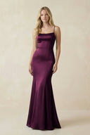 Cami Strap Ruffled Satin Bridesmaid Dress With Bow in Sangria - KissProm Bridesmaid Dresses