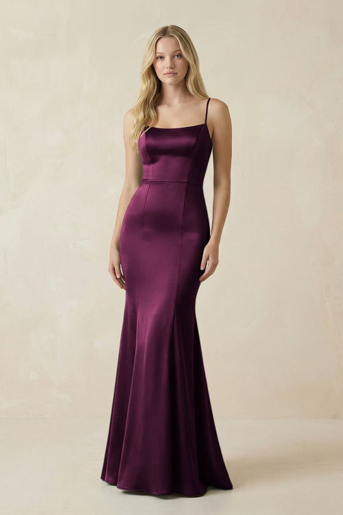 Cami Strap Ruffled Satin Bridesmaid Dress With Bow in Sangria - KissProm Bridesmaid Dresses