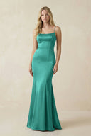 Cami Strap Ruffled Satin Bridesmaid Dress With Bow in Sea Glass - KissProm Bridesmaid Dresses