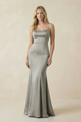 Cami Strap Ruffled Satin Bridesmaid Dress With Bow in Silver - KissProm Bridesmaid Dresses