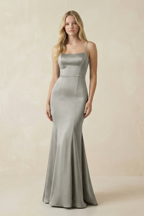 Cami Strap Ruffled Satin Bridesmaid Dress With Bow in Silver - KissProm Bridesmaid Dresses