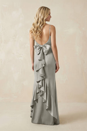 Cami Strap Ruffled Satin Bridesmaid Dress With Bow in Silver - KissProm Bridesmaid Dresses
