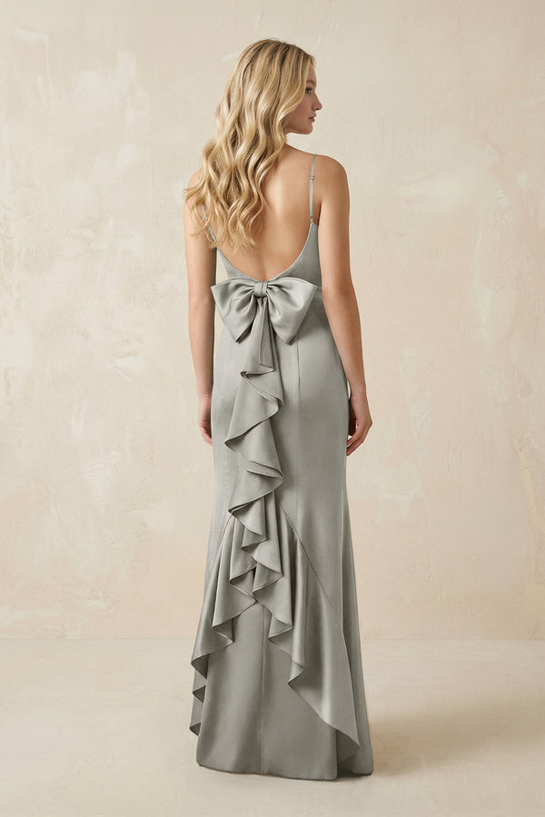 Cami Strap Ruffled Satin Bridesmaid Dress With Bow in Silver - KissProm Bridesmaid Dresses