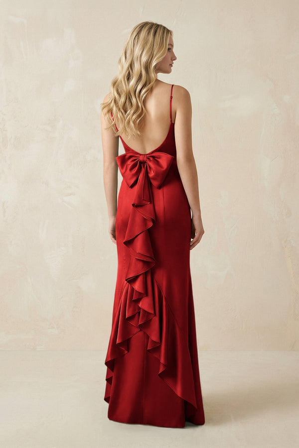 Cami Strap Ruffled Satin Bridesmaid Dress With Bow in Spice - KissProm Bridesmaid Dresses