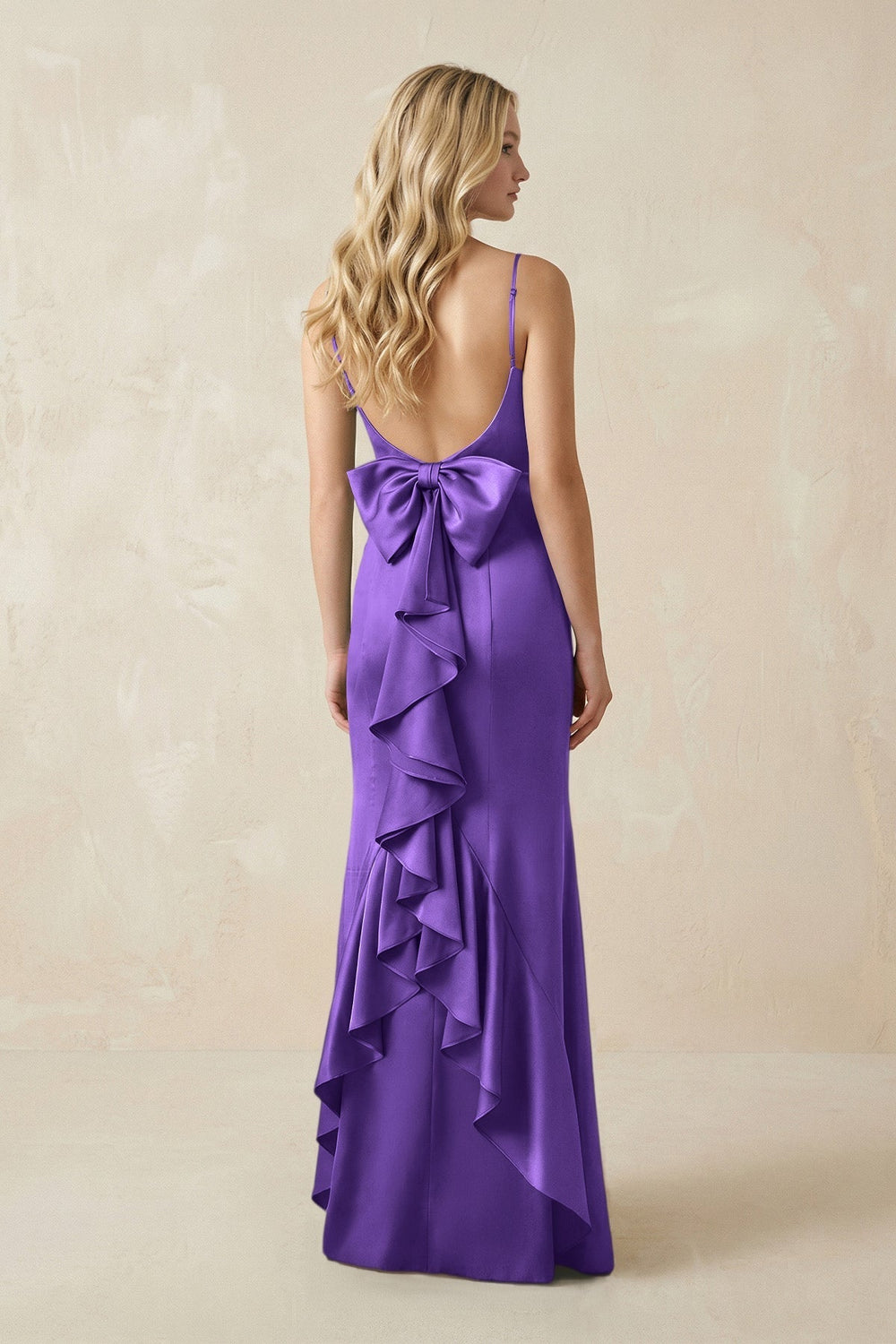 Cami Strap Ruffled Satin Bridesmaid Dress With Bow in Tahiti - KissProm Bridesmaid Dresses