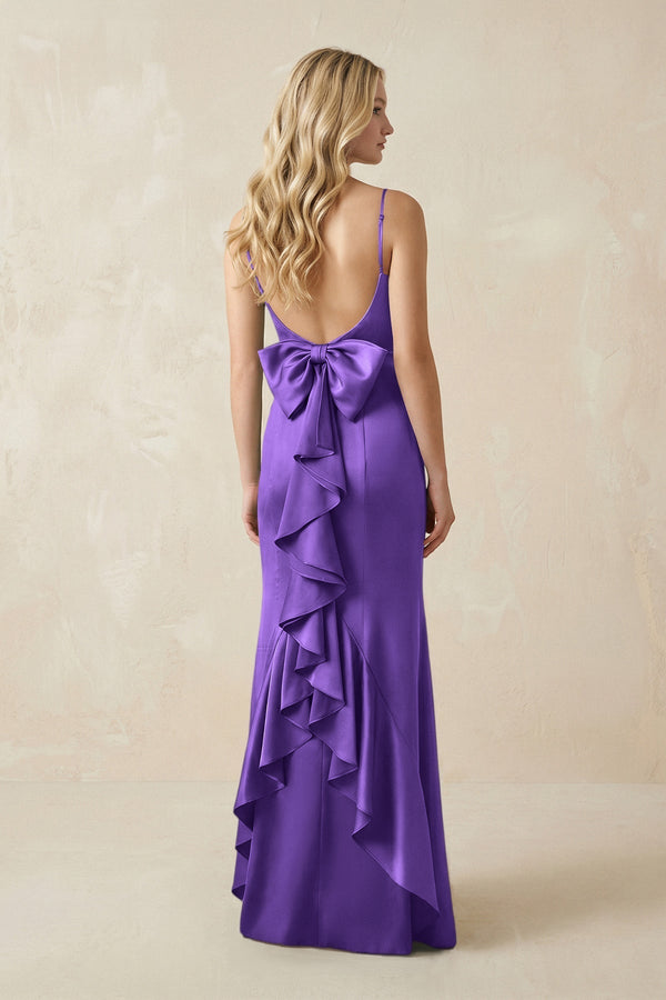 Cami Strap Ruffled Satin Bridesmaid Dress With Bow in Tahiti - KissProm Bridesmaid Dresses