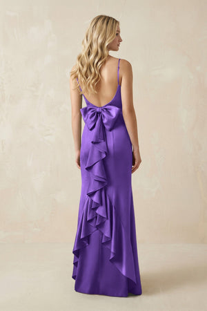 Cami Strap Ruffled Satin Bridesmaid Dress With Bow in Tahiti - KissProm Bridesmaid Dresses